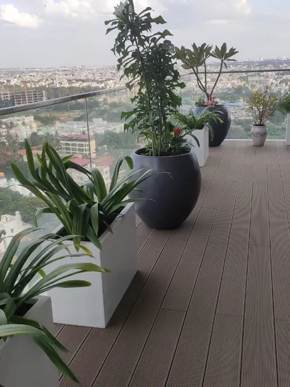 A modern terrace with composite wood decking, glass railings, and a stunning city view. The space is styled with a mix of large grey and white planters containing Dracaena and other architectural plants.