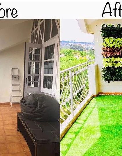 This before and after shows how we can add life to a balcony without sacrificing floor space. The addition of artificial turf and a vertical garden panel instantly creates a lush, green atmosphere.