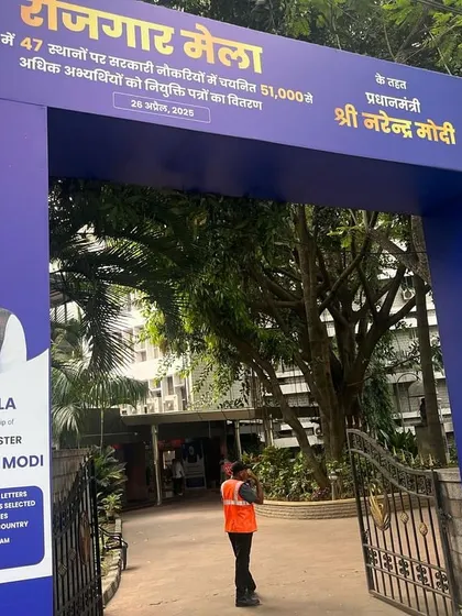 The main entrance arch for the Rozgar Mela, a government job fair. Our team ensures all branding and signage is clear, professional, and welcoming for important public initiatives.