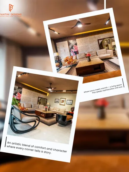 This collage shows different angles of a warm and character-filled living room. The blend of a comfortable leather sofa, unique rocking chair, and artistic touches makes every corner tell a story.