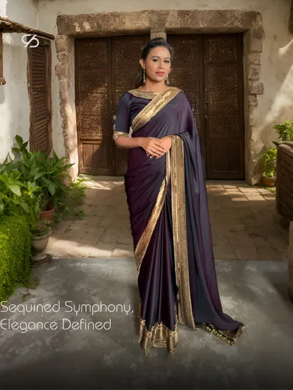 Saree elegance, elevated by sequins. This deep purple saree with a shimmering gold sequin border is a true sequined symphony, defining glamour for any festive occasion.
