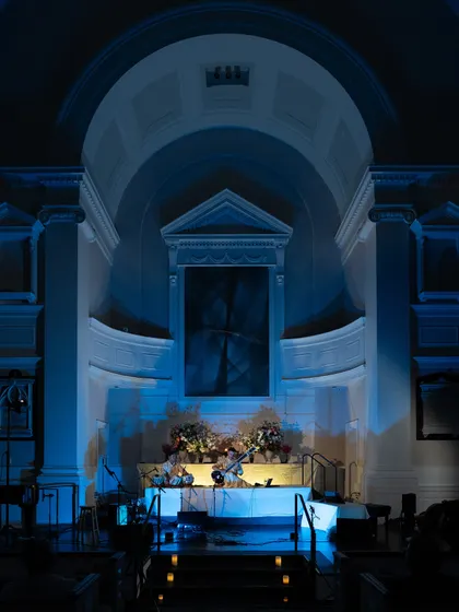 The beautiful architecture of All Souls NYC during a performance, showing how I adapt my setup to enhance the beauty of any venue.