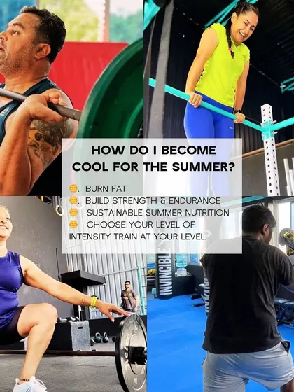 More details on how you can get "Cool for the Summer" with us. This image highlights the key pillars of the program: fat burn, strength building, nutrition, and training at your own level.