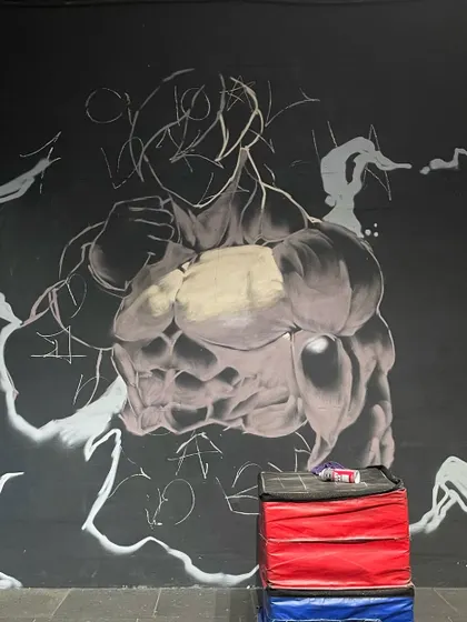 A work-in-progress shot of the Goku mural. Even with just the initial shading, the power of the character starts to come through. The gym lighting really made this pop.