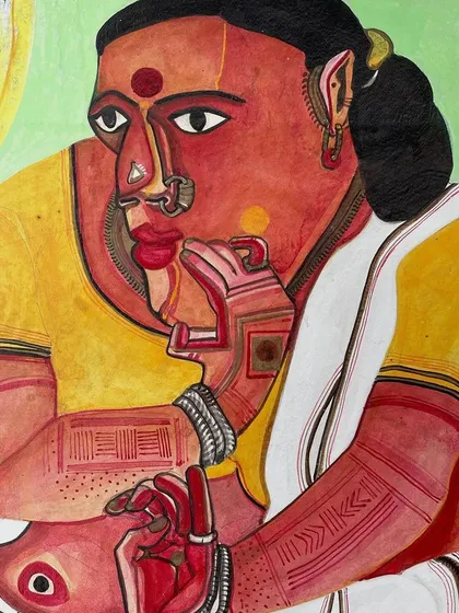 A cropped image of a T. Vaikuntam painting, used here for a 'No-Reserve Auction' announcement. It showcases the artist's signature style, which is highly sought after in the contemporary Indian art market.