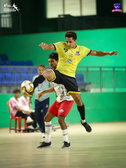 An athletic leap to control the ball during the semi-final.