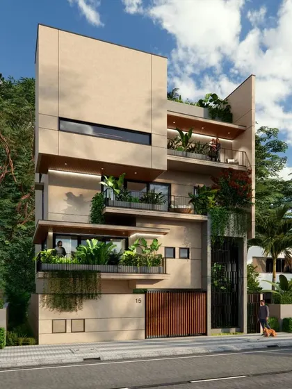 A final render of the 40x40 plot concept, demonstrating the balance between solid architectural forms and the lightness of the landscaped balconies.