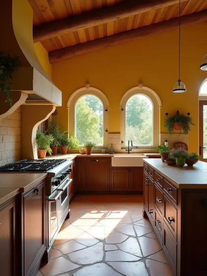 This rustic Mediterranean kitchen is warm, earthy, and welcoming. I used traditional elements like arched windows, terracotta-style flooring, and exposed wooden ceiling beams to create an authentic, sunlit space.