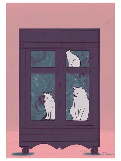 A muted, vintage-toned version with white cats in a dark cabinet against a dusty rose background.