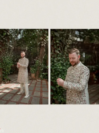 A diptych of the groom getting ready for his beach wedding, looking sharp in his floral sherwani.