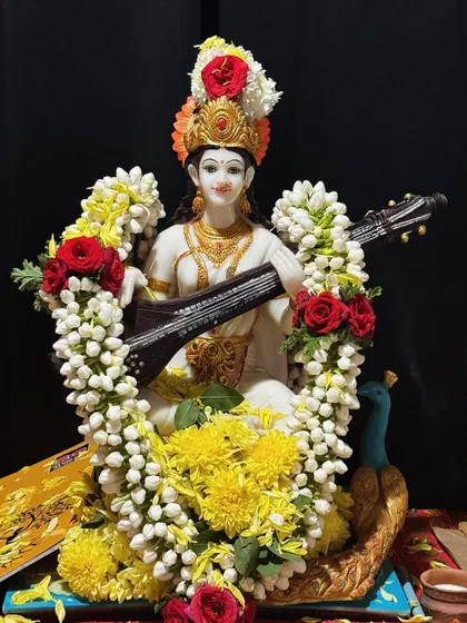 We begin our classes with blessings from Goddess Saraswati, the goddess of music and knowledge. This beautiful murti is central to our school.