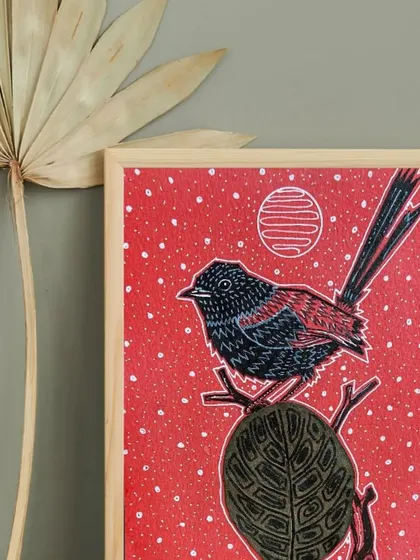 From the "VIBING with NATURE" exhibition, this series by Puja Kumari uses preserved dried leaves as a central element. Her unique style combines delicate ink drawings of birds with the natural texture of the leaves, creating beautiful, eco-friendly art.