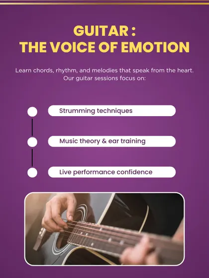 The guitar is the voice of emotion. Our guitar sessions focus on essential strumming techniques, music theory, ear training, and building the confidence you need for live performances.
