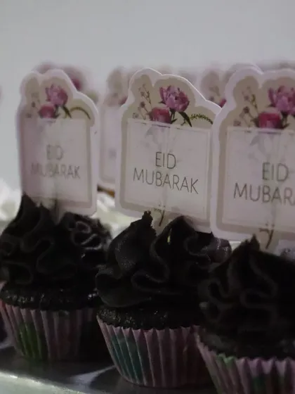 A lineup of my "Eid Mubarak" cupcakes, perfect for sharing with family and friends during the celebration.