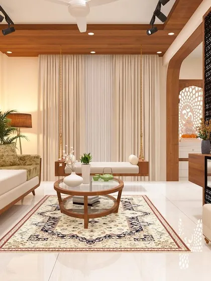 A living room from our 'Modern Contemporary Glam' project, showcasing a cozy swing, a comfortable sofa, and a sleek TV unit. The design uses warm wood tones and a neutral palette for a timeless feel.