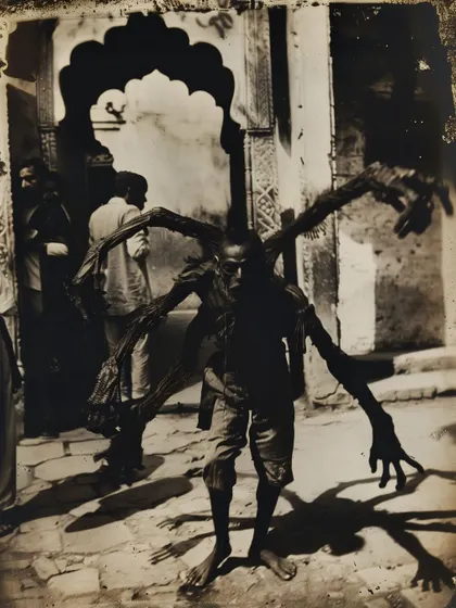 A creature with multiple, spindly arms, photographed in a grainy, archival style from the 'once upon a time' series. This series creates a fake history of monsters and myths.