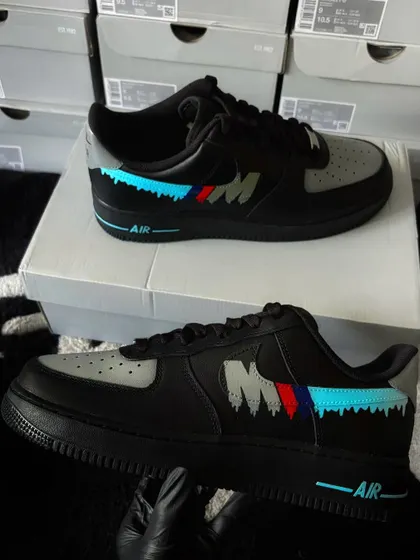 Another view of the BMW drip custom sneakers, showing the unique design from a different angle.