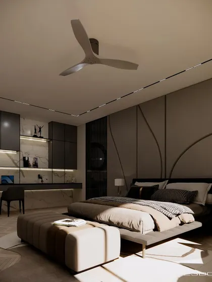 This bedroom in the Meraki project features a custom-designed headboard wall with gentle, curving lines. The minimalist decor and warm, neutral tones create a sophisticated and restful environment.