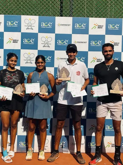 Another shot of our proud players at the AITA 1 lakh event in Ahmedabad, showcasing their trophies and certificates after a week of intense competition.