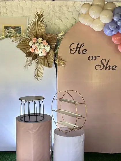 A "He or She" gender reveal party setup. The decor features two arched backdrops and a beautiful balloon garland in a mix of pink, blue, and neutral tones.
