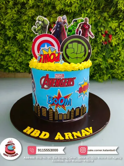 Assemble the team for a super birthday with this Avengers-themed cake. It features the Hulk, Thor, and Iron Man, complete with the iconic Avengers logo, perfect for your little hero.