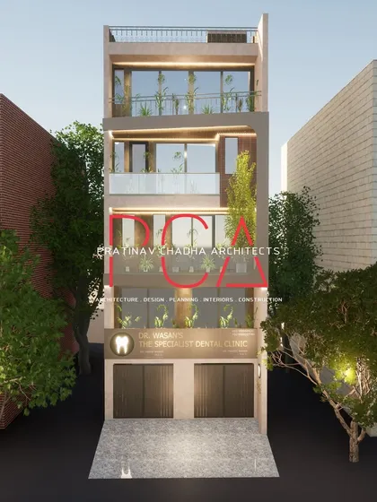 A full frontal 3D render of the Mukherjee Nagar residence, showing the complete architectural vision with its clean lines, integrated planters, and modern aesthetic.