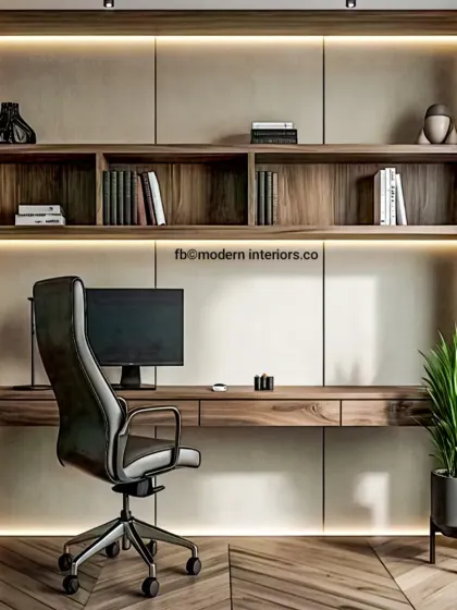 A sleek and professional home office setup designed for productivity. This custom study unit features a wide desk, ample overhead shelving, and integrated ambient lighting, all crafted with a premium wood finish for a warm and inviting workspace.