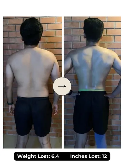 Govardhan lost 6.4 kgs and 12 inches in 6 weeks. Our program was an eye-opener for him, showing how balanced nutrition and a structured workout plan can make a huge difference.