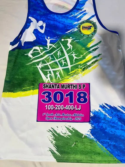 This is the jersey and bib from the 1st South Asian Masters Athletics Championship. It represents the dedication and hard work required to compete in events covering sprints and long jump.