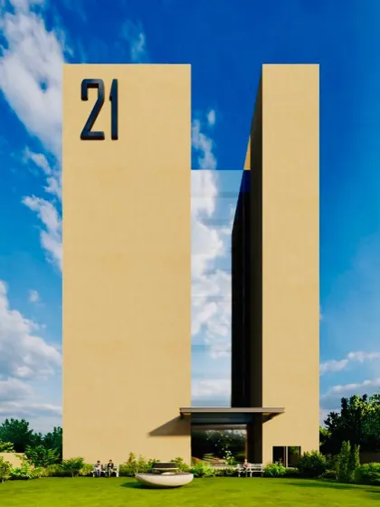 The front elevation of the "21" building concept. The design's powerful symmetry and minimalist form are achieved through two solid towers connected by a glass atrium, a core principle of its solar passive design.