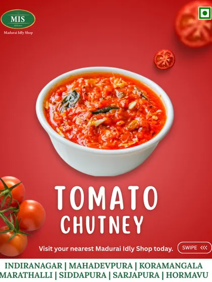 Our Tomato Chutney brings a tangy and spicy kick. Made from ripe tomatoes and a blend of traditional spices, it's a favorite for those who enjoy a bit of heat.