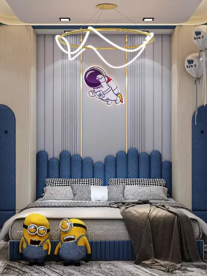 A fun, space-themed 3D design for a kids' bedroom. The room features a custom blue bed with an arched headboard, matching wardrobes, and playful details like an astronaut decal and planet-themed lighting.