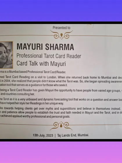 A close-up of the citation from the World Women Leadership Congress & Awards. It details my 19-year journey as a professional Tarot Card Reader and my mission to help clients get over myths and believe in themselves.