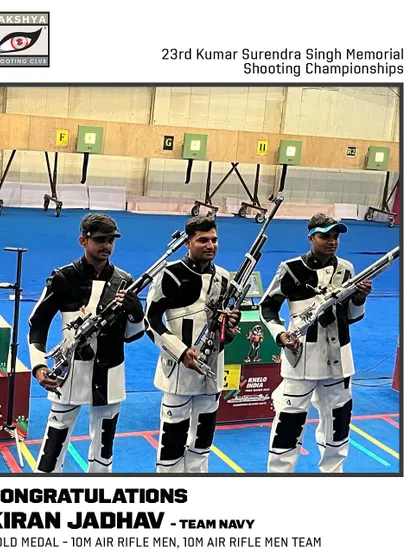 Kiran Jadhav with his team from the Navy after winning gold medals in both the individual and team 10m Air Rifle Men events at the 23rd KSS Shooting Championships.