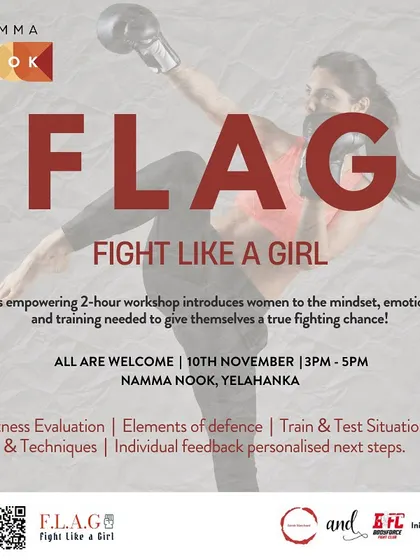 This is the official poster for one of our F.L.A.G. (Fight Like A Girl) workshops. It details the core components: fitness evaluation, elements of defense, situational training, and personalized feedback.