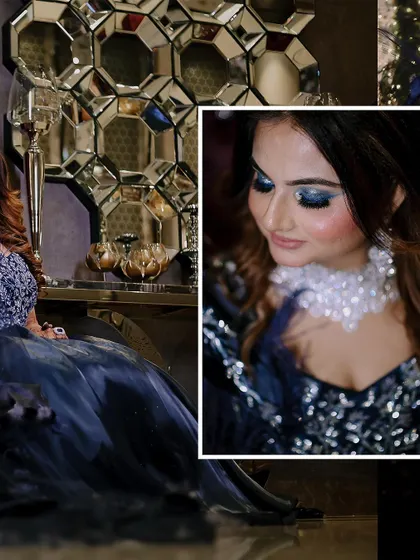 A collage highlighting the bride's dramatic makeup and stunning jewelry.