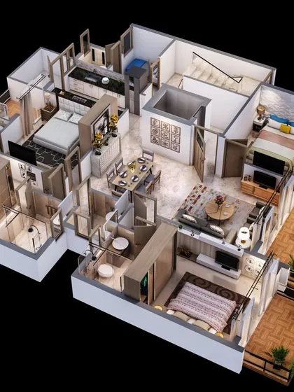 A detailed 3D floor plan that includes intricate furniture and decor elements. This level of detail helps clients visualize themselves living in the space.