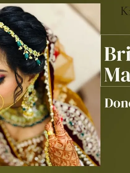 A promotional graphic featuring the bride in the mustard lehenga, highlighting the quality of my bridal makeup services.