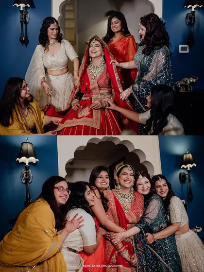 A collage showing the bride getting ready with her bridesmaids, filled with laughter and candid moments.
