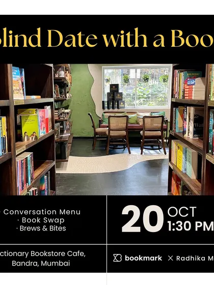 An invitation to our 'Blind Date with a Book' event. It includes a conversation menu, a book swap, and delicious food, all designed for a soulful Sunday.