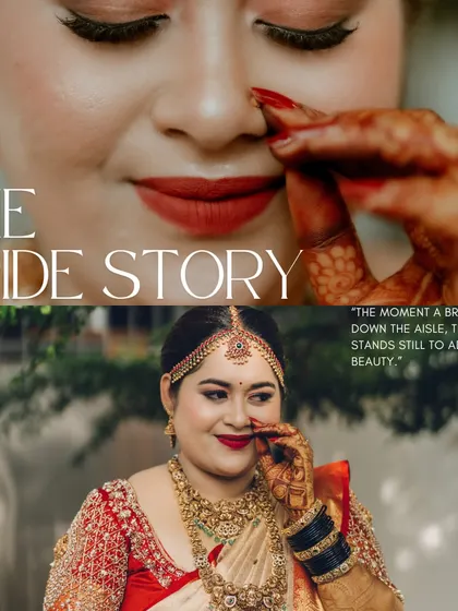 A creative collage titled "The Bride Story," combining a close-up of the bride's expression with a full portrait, celebrating her journey.