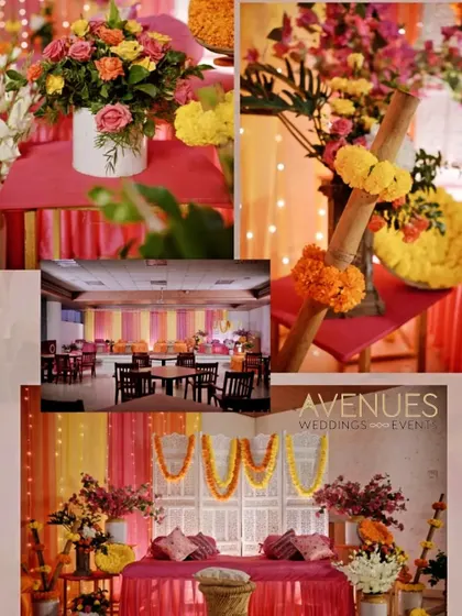 This collage showcases various elements of a Mehendi decor theme, including the main seating area, floral details, and the overall color palette of pinks and yellows.