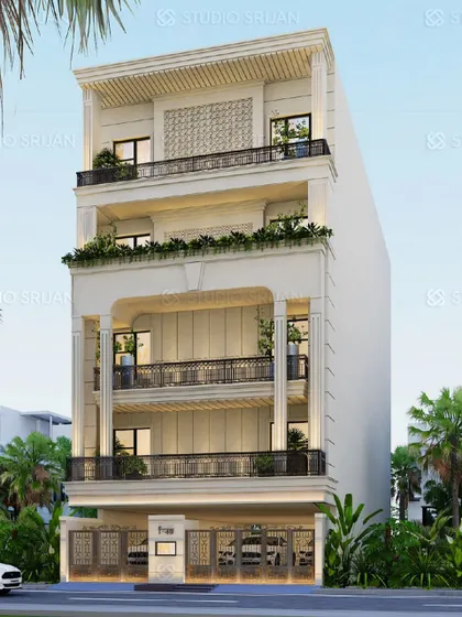 An angled view of the Mansarovar Garden project, showing the depth of the balconies and the careful symmetry of the design.