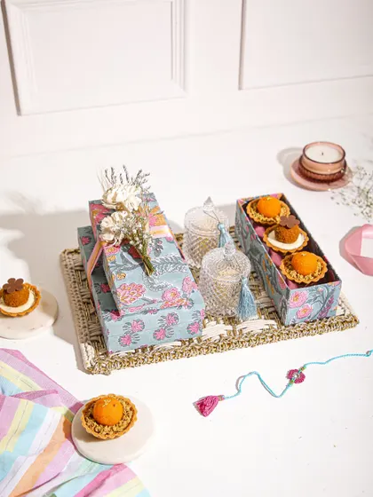 Another angle of our Rakhi hamper, showcasing the blend of traditional and modern elements that define our gifting.