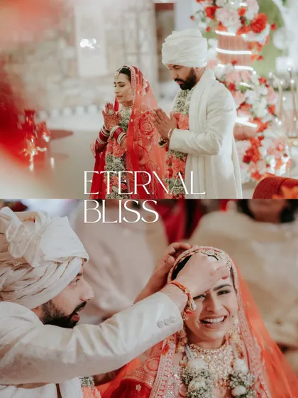 The sacred act of applying the sindoor, a symbol of eternal bliss. We capture this intimate ritual up close, focusing on the genuine smiles and the significance of the tradition.