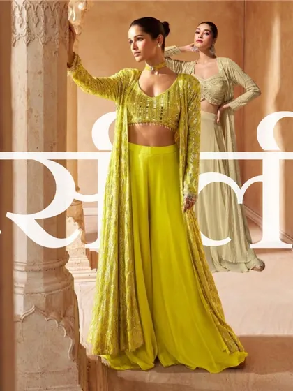 A modern take on the palazzo set. This three-piece ensemble includes a crop top, wide-legged palazzo pants, and a matching long-line jacket, shown here in vibrant lime and subtle gold.