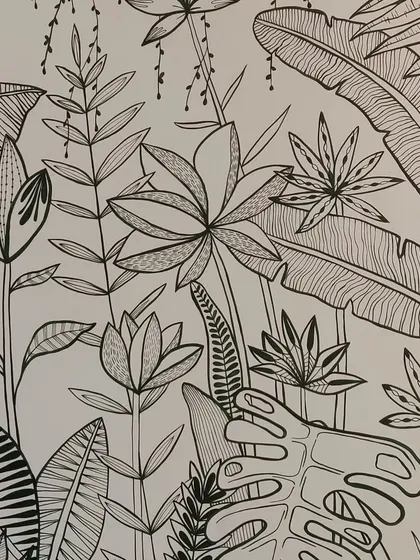 A close-up of the dense foliage in my black and white tropical line art style. The varying patterns in the leaves add depth and texture to the overall design.