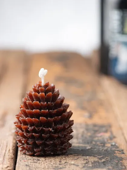A close-up of my detailed brown pinecone candle. It has a rustic, natural look that's perfect for woodland-themed Christmas decor.