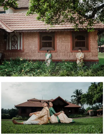 A duplicate of image 268, with the couple posing against the brick walls and in the garden of a traditional home.
