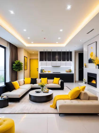 This open-plan living area features a bold yellow accent door and matching cushions. The black and white kitchen in the background provides a sleek contrast, creating a dynamic and modern home.